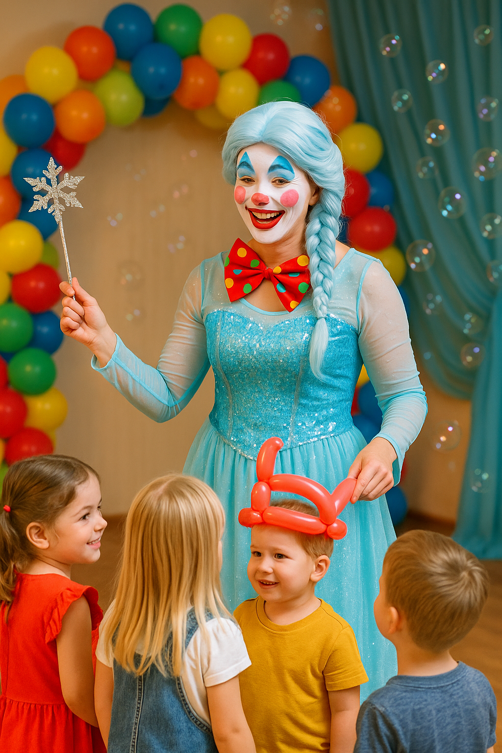 Ankara’da Elsa kostümlü palyaço Mavi elbiseli palyaço, kar tanesi asasıyla çocukları eğlendiriyor