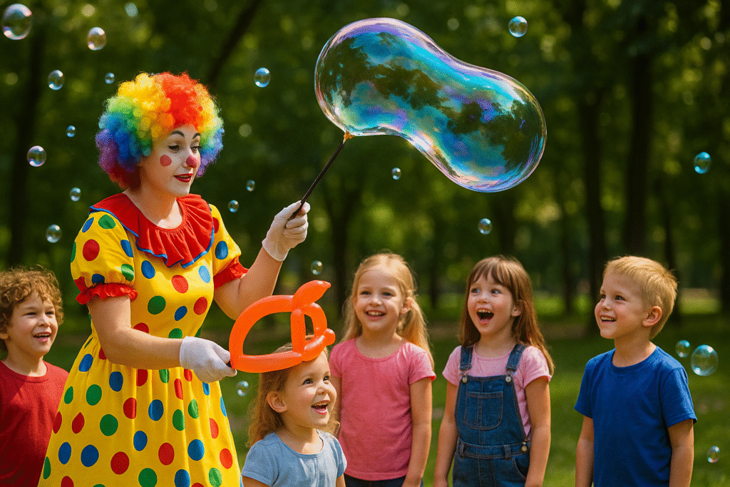 Ankara’da baloncuk şovu – kadın palyaço Renkli kostümlü kadın palyaço, parkta dev baloncuk yaparken çocuklar izliyor