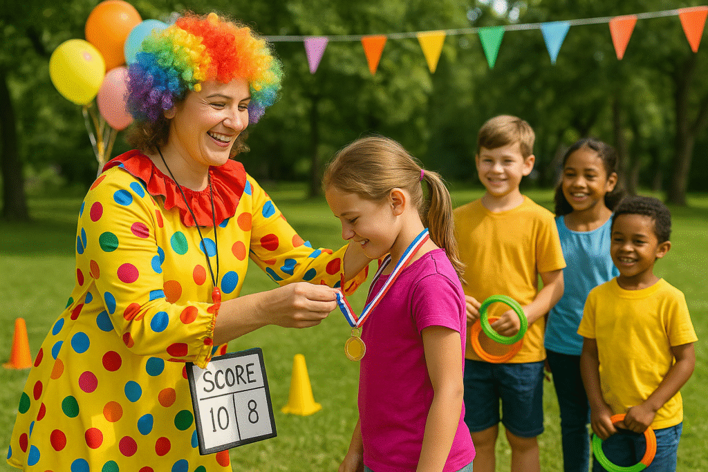 Ankara’da kadın palyaço ödüllü yarışma yönetiyor Kadın palyaço, parkta halka atma yarışmasında küçük kıza madalya takıyor
