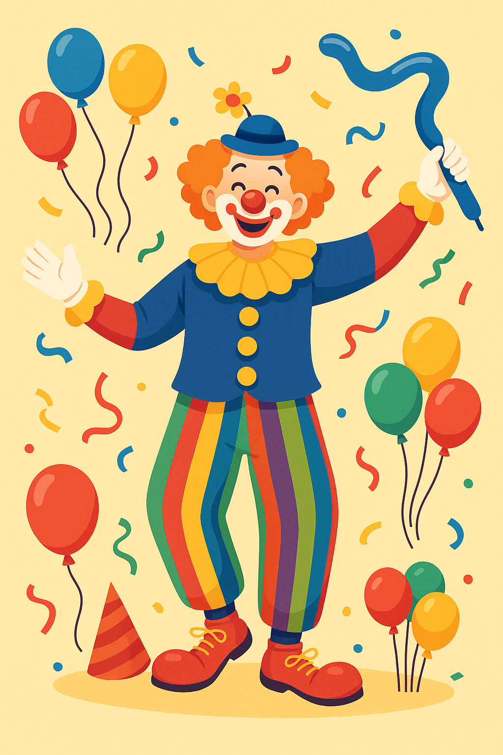 Ankara palyaço kiralama hizmetleri “Palyaço temalı rengarenk dijital illüstrasyonda, sahnede çocukları eğlendiren neşeli bir kadın palyaço görülüyor. Arka planda balonlar, konfeti ve süslemelerle dolu bir açık hava parti ortamı var