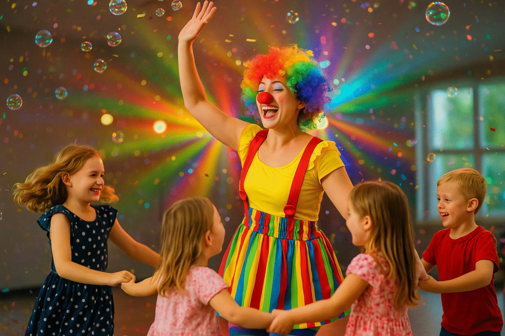 Çocuklarla Dans Eden Palyaço Kadın palyaço, renkli ışıklar altında dört çocukla el ele dans ediyor; etrafta konfeti ve baloncuklar uçuşuyor.