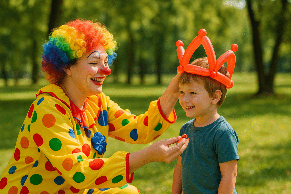 Ankara’da kadın palyaço, sosis balondan taç yapıyor Renkli kostümlü kadın palyaço, parkta küçük çocuğa balon kral tacı takıyor