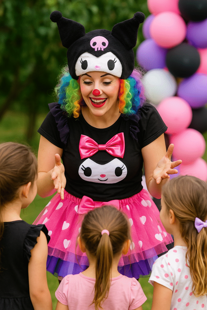 Kuromi kostümlü palyaço çocuklarla etkinlikte Siyah–pembe Kuromi kostümü giyen kadın palyaço, açık alanda üç küçük kızla oyun oynarken gülümsüyor; arka planda pembe ve siyah balon süslemeler bulunuyor.