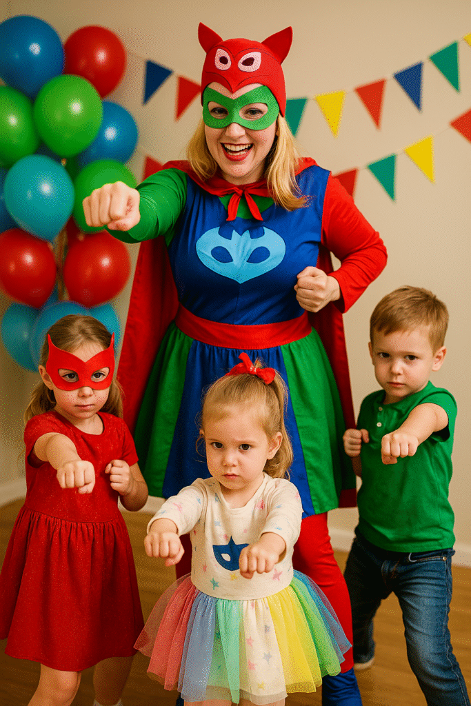 Pijama Maskeliler kostümlü palyaço ve çocuklar Renkli Catboy ve Owlette kostümü giyen palyaço, süper kahraman pozları veren üç çocukla eğleniyor