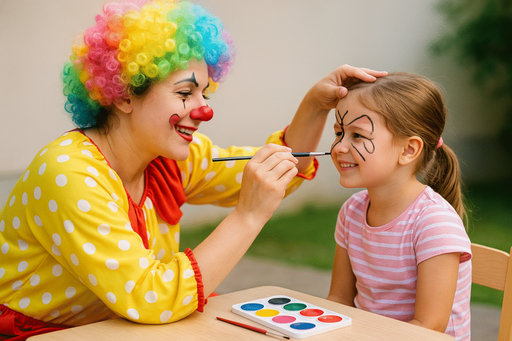Ankara Palya.o Yüz Boyama Renkli kostümlü kadın palyaço, küçük kızın yüzüne kelebek deseni boyuyor