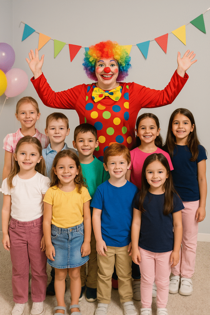 Ankara Ucuz Palyaço Kiralama Hizmeti Kalabalık bir çocuk grubu dış mekânda kameraya gülümseyerek poz veriyor. Rengârenk kıyafetli kadın palyaço, çocukların tam ortasında neşeyle poz verirken; arka planda balon süslemeleri ve açık hava parti atmosferi görülüyor