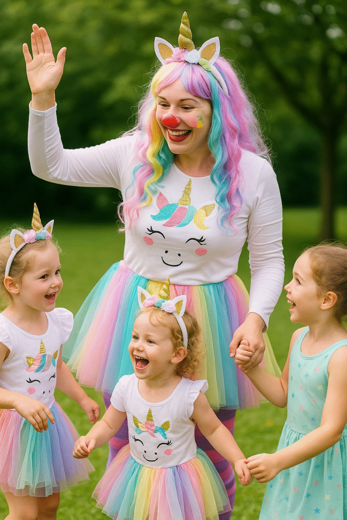 Unicorn kostümlü palyaço çocuklarla oynuyor Pastel gökkuşağı tütülü unicorn palyaço, parkta üç küçük kızla el ele oyun oynuyor